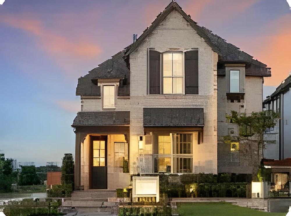 Two-storey villa with a lit porch at dusk